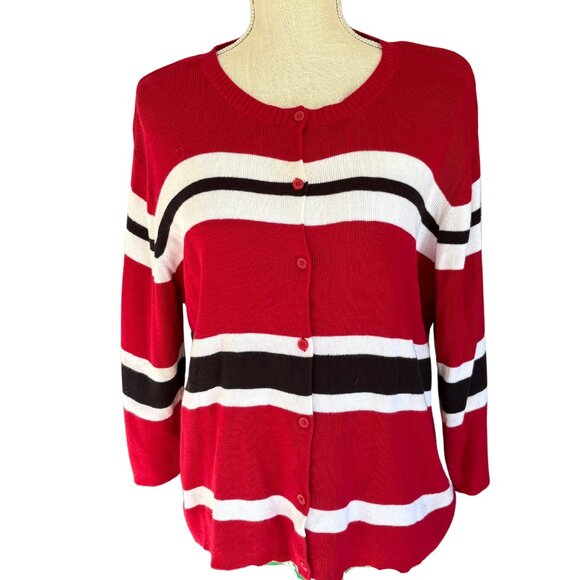 Good Clothes Red Black White Cotton Striped 3/4 Sleeve Cardigan L - Picture 1 of 7